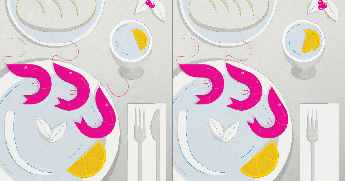 A spot the difference puzzle featuring two place settings of shrimp