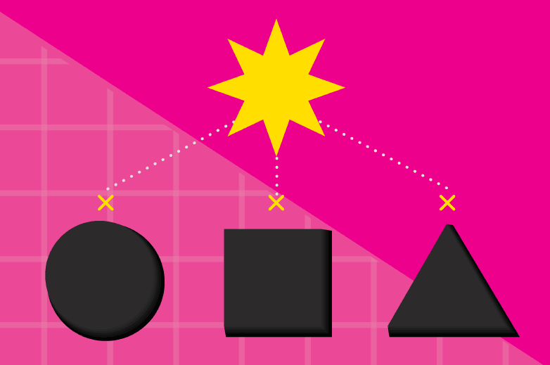 Pink background with a yellow star leading to three different black shapes, a circle, a square, and a triangle