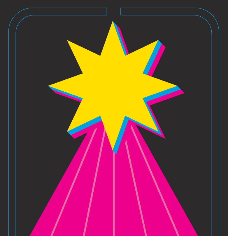 a yellow star with pink rays shooting down like a pyramid shape, with a black background