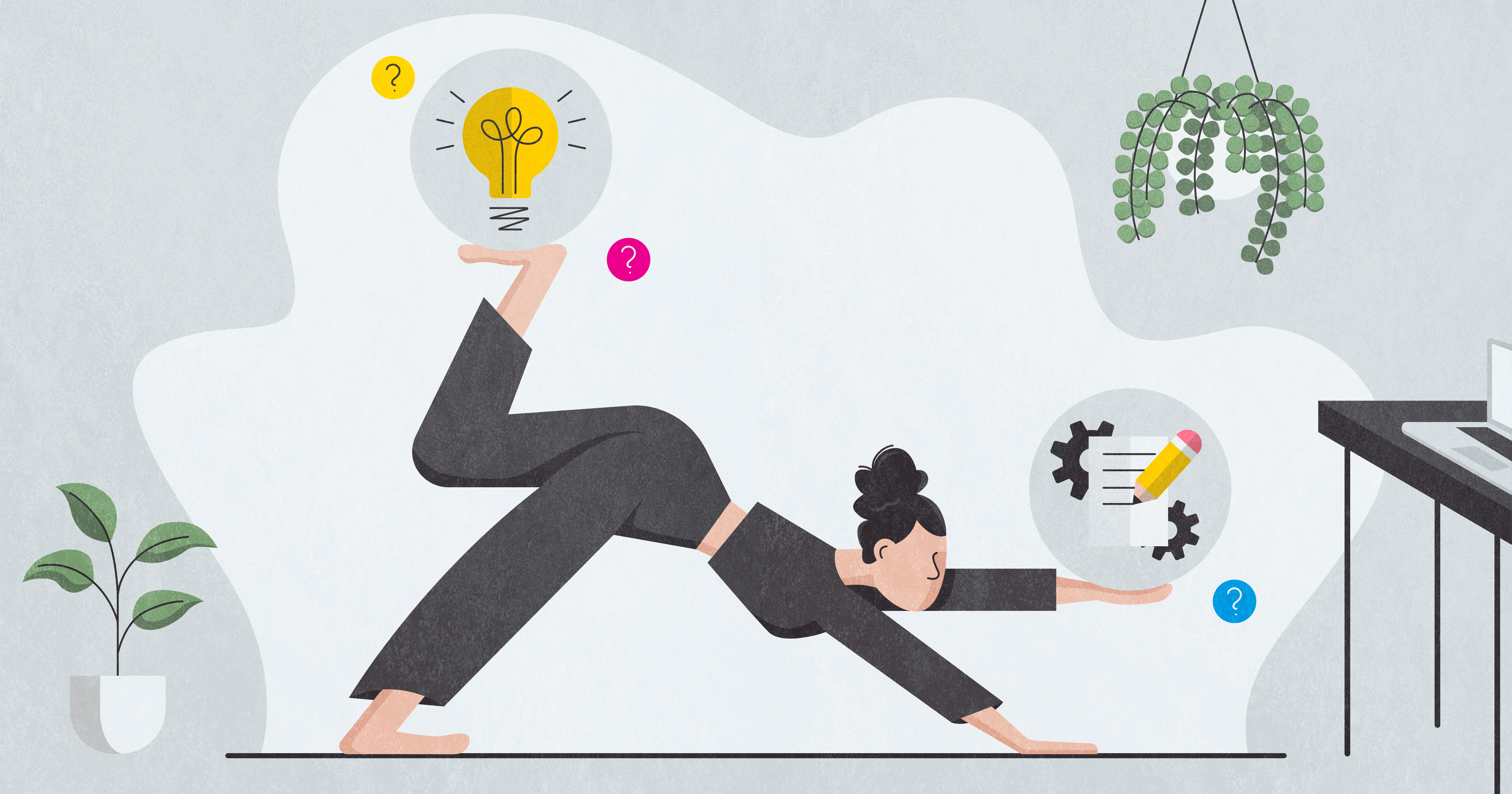 Cartoon woman doing yoga at her home office balancing business elements on her limbs thumbnail