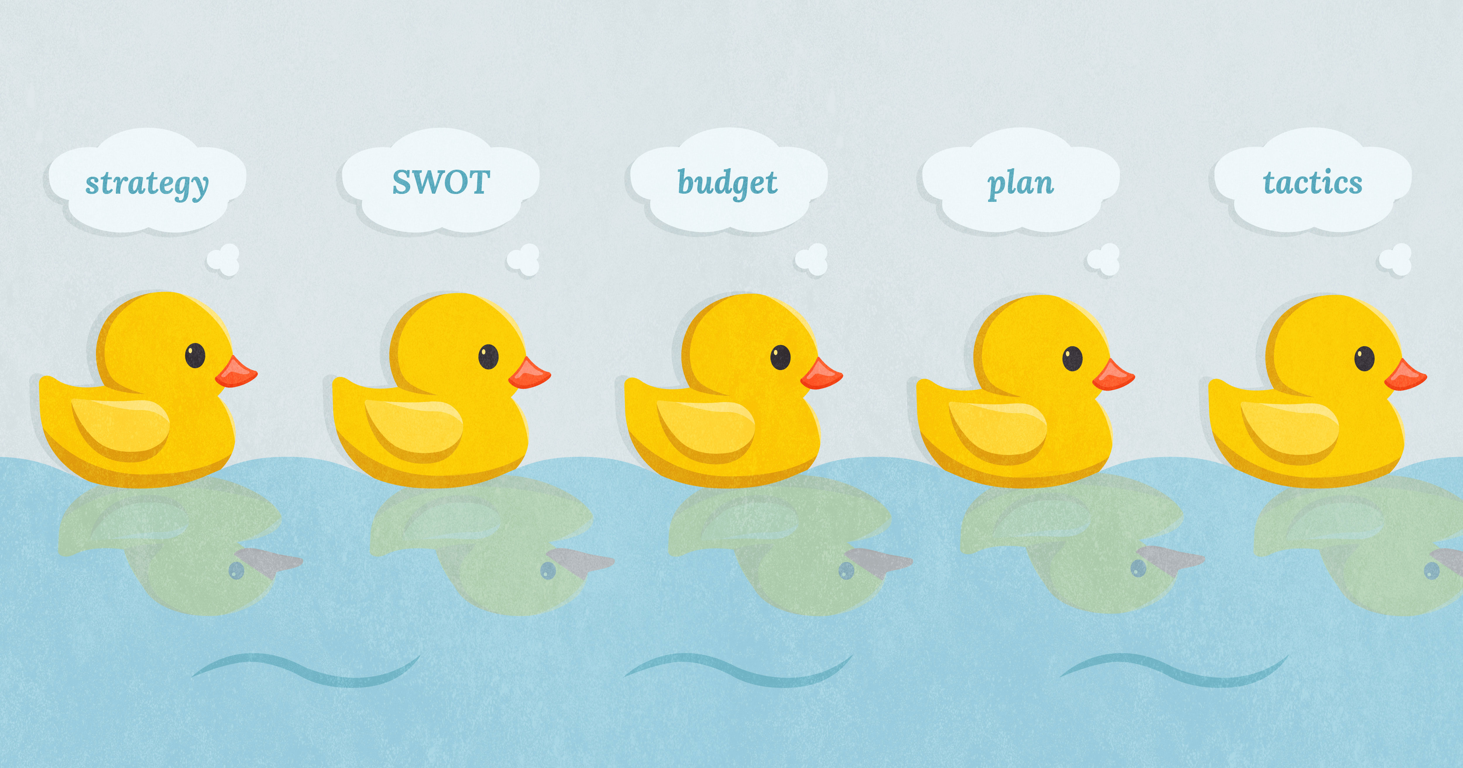 Four ducks swimming in a row with thought bubbles containing marketing terms floating above their heads