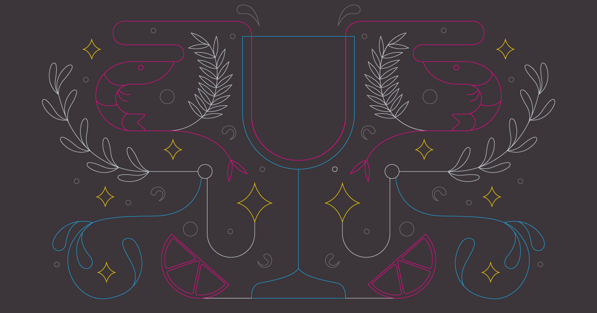 A symmetrical line art illustration picturing a wine glass, shrimp and lemon wedges 