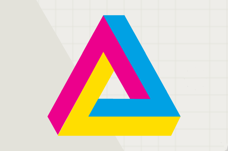 the never ending triangle with a pink, yellow, and blue side with a light tan background