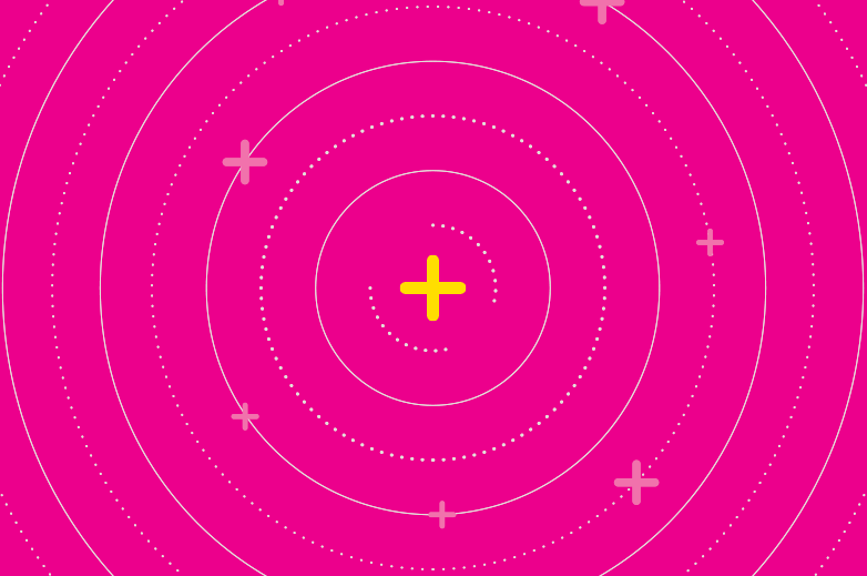 pink background with a yellow plus sign in the middle with orbiting white plus signs