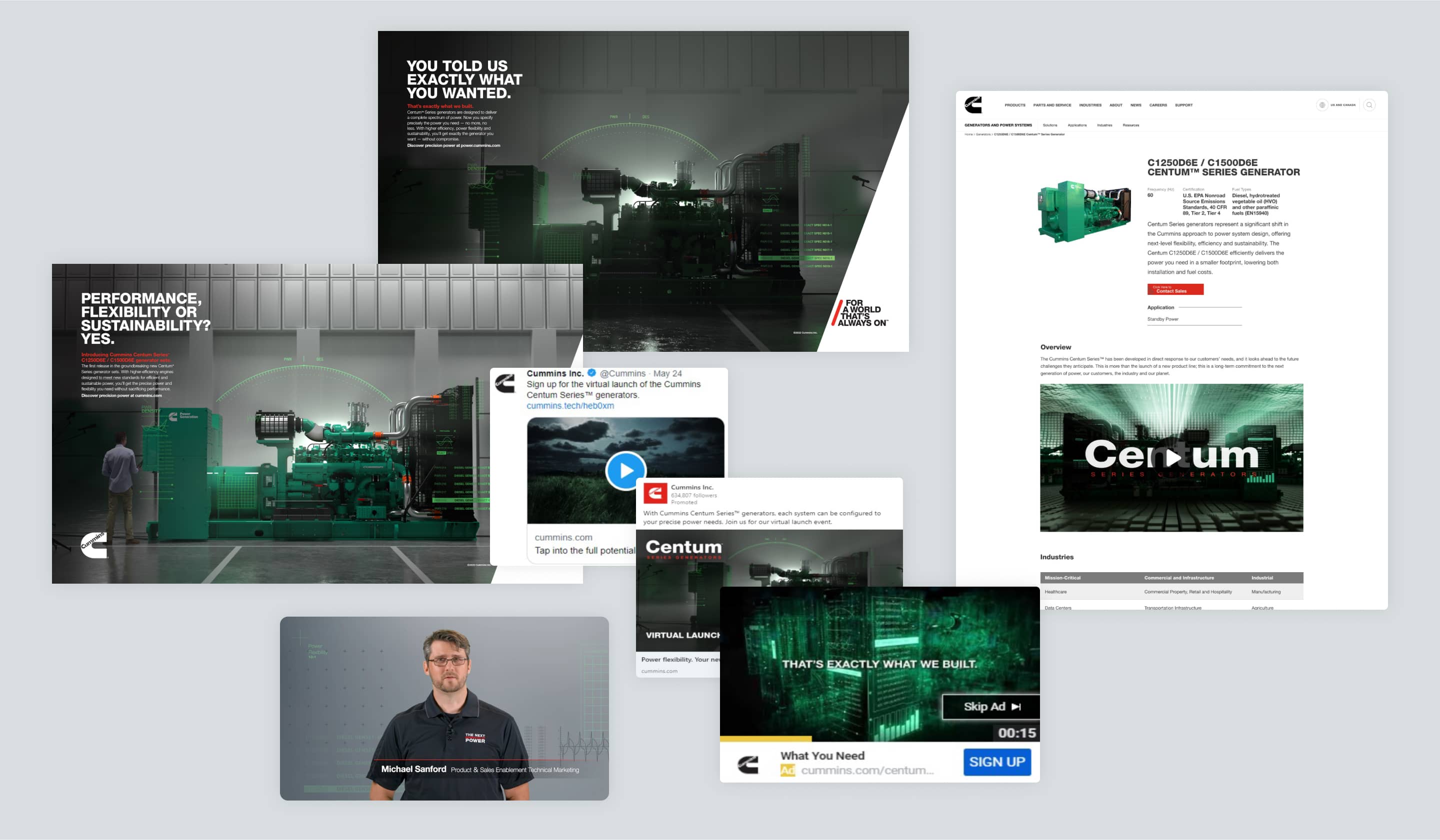 Cummins Centum™ Series landing pages and social media graphics on a gray background