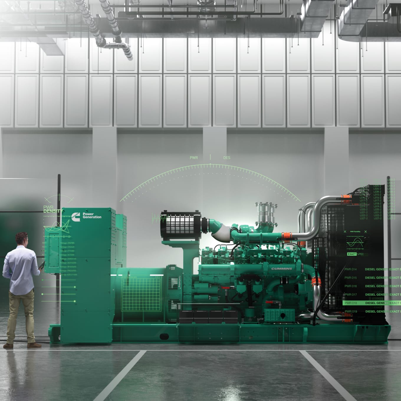 Rendering of the Cummins Centum™ Series Generator in a 3D environment with a person viewing it