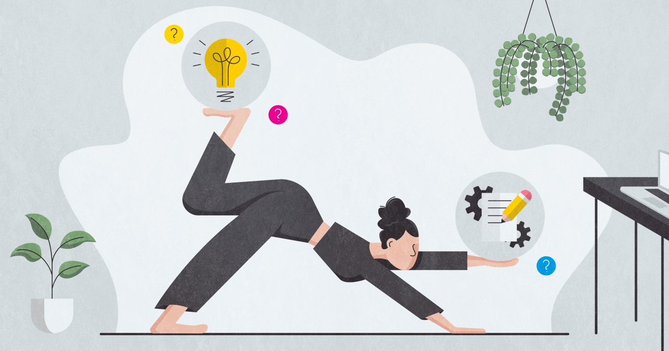 Cartoon woman doing yoga at her home office balancing business elements on her limbs