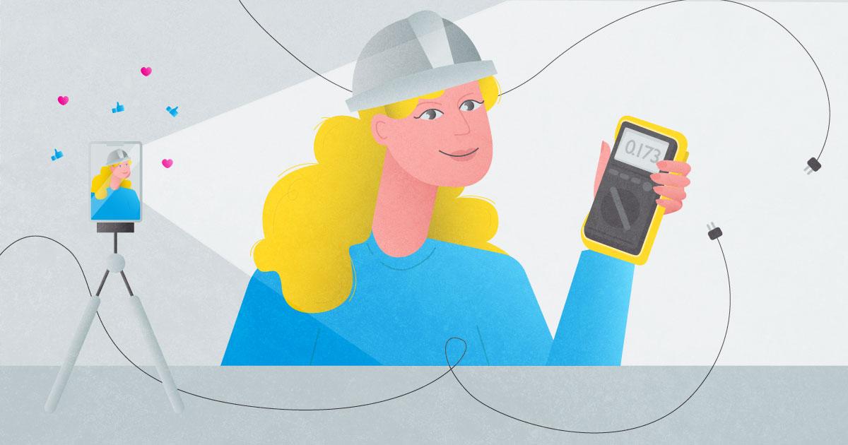 an illustration of a female construction worker filming a video on her phone