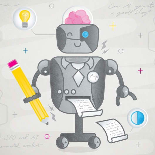 A playful, brainy robot holding a pencil and printing paper thumbnail