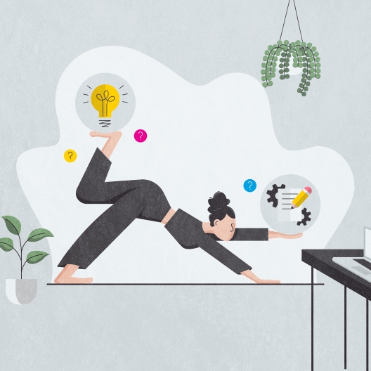 Cartoon woman doing yoga at her home office balancing business elements on her limbs thumbnail