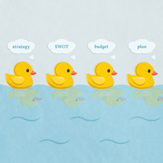 Four ducks swimming in a row with thought bubbles containing marketing terms floating above their heads thumbnail