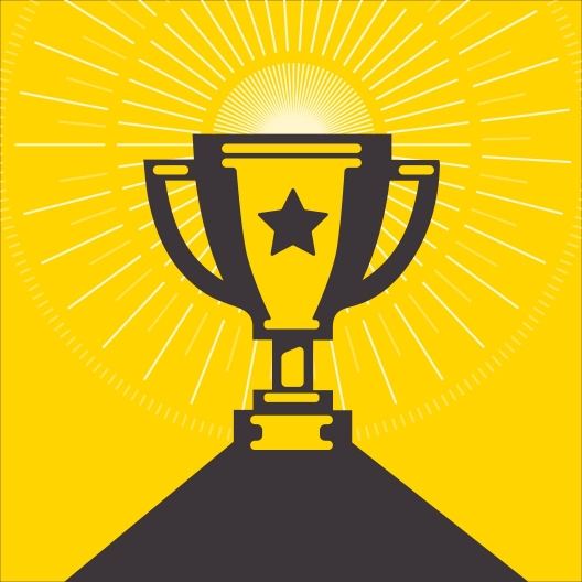 A trophy with a star on a yellow background